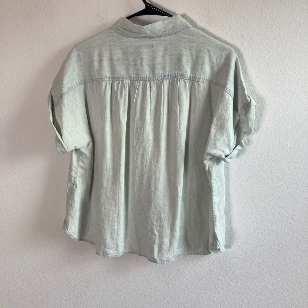 NWT Faherty Shirt Women M Blue Indigo Dyed Linen Tencel Short Sleeve Button Down - Picture 3 of 8